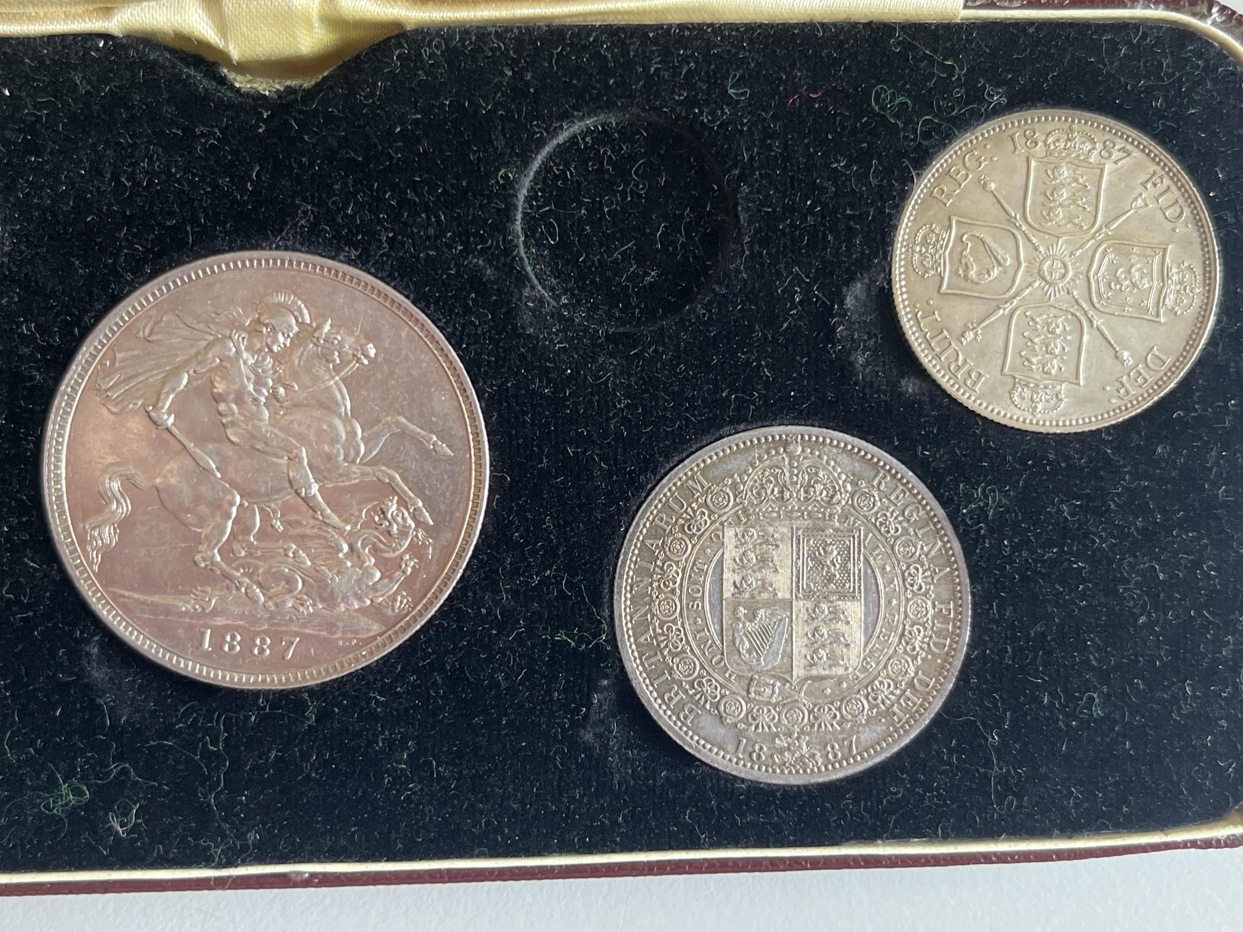 British silver coins, Victoria, 1887 Golden Jubilee specimen coin set, threepence to crown (sixpence lacking), near EF or better
